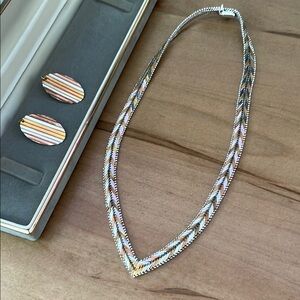 Elegant Vintage Silver and Gold Chevron Necklace and Earring Set